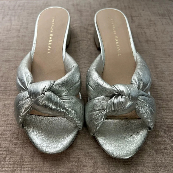 Loeffler Randall Silver Bow Knotted Slip On Leather Block Heel Sandals Sz 5 - Picture 1 of 9